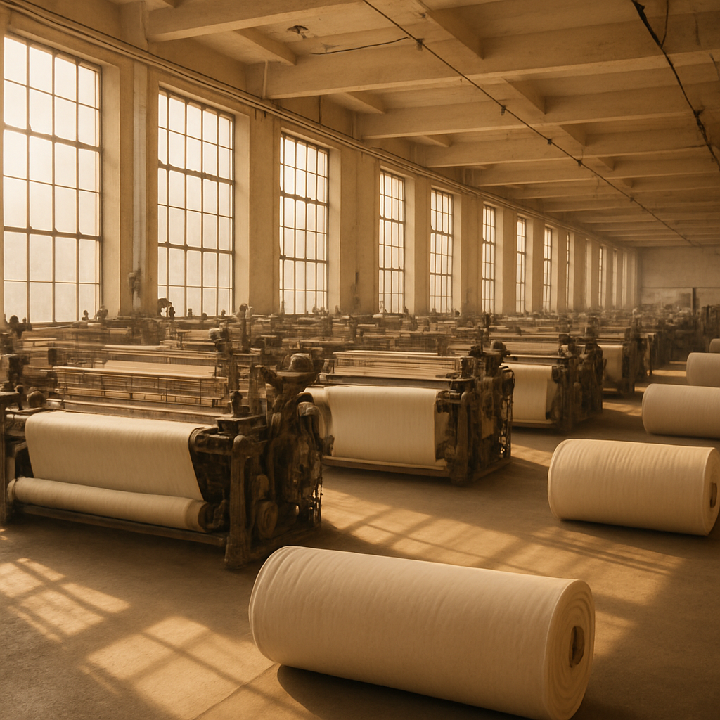 Interior of a modern textile mill with weaving machines