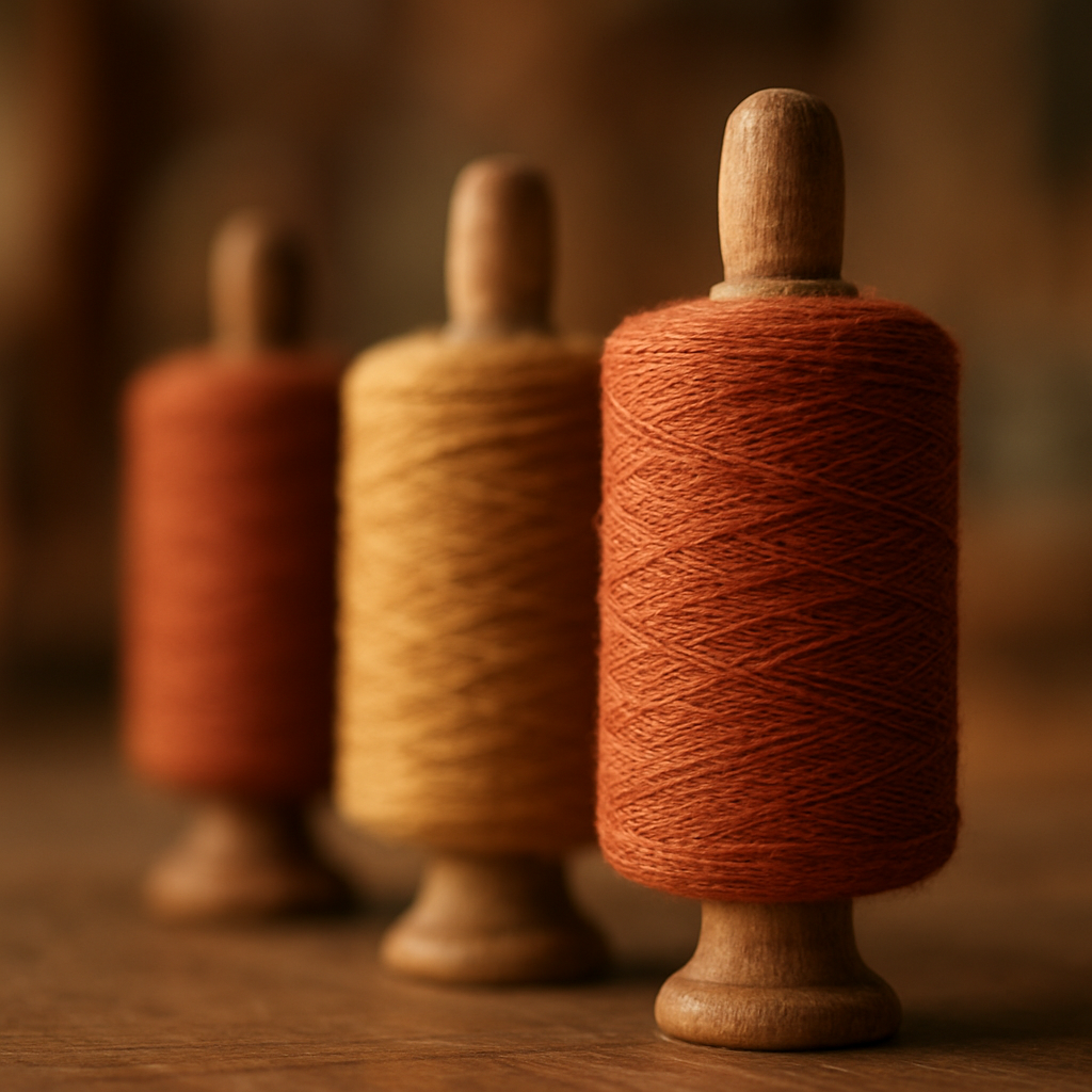 Spools of coloured cotton thread in a textile workshop