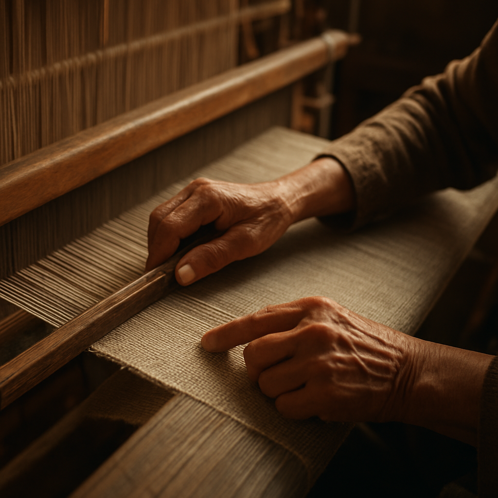 Artisan weaver's hands at a traditional wooden loom